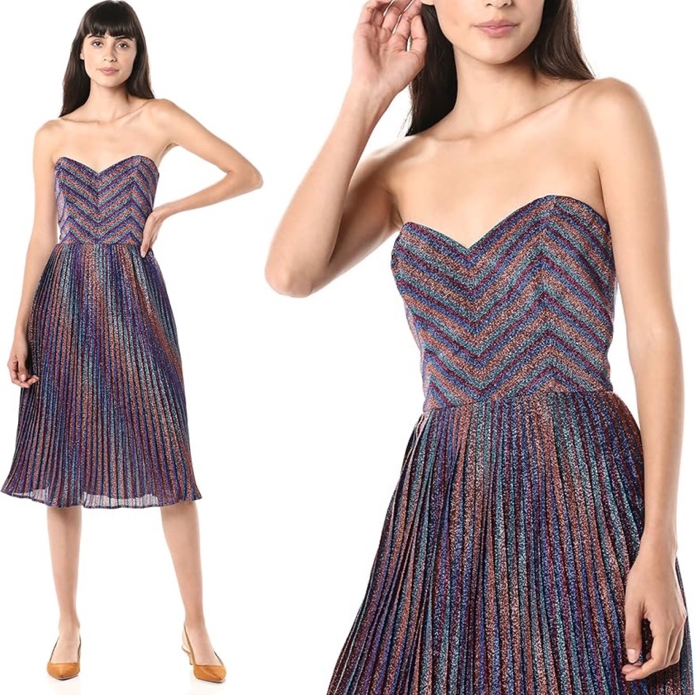 ✨NWT✨ DRESS THE POPULATION Rosalie Metallic Stripe Strapless Cocktail Dress XS